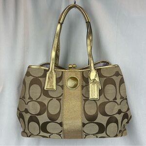 Coach Brown Gold Signature Stripe Carryall Kisslock Satchel Shoulder Bag F13533